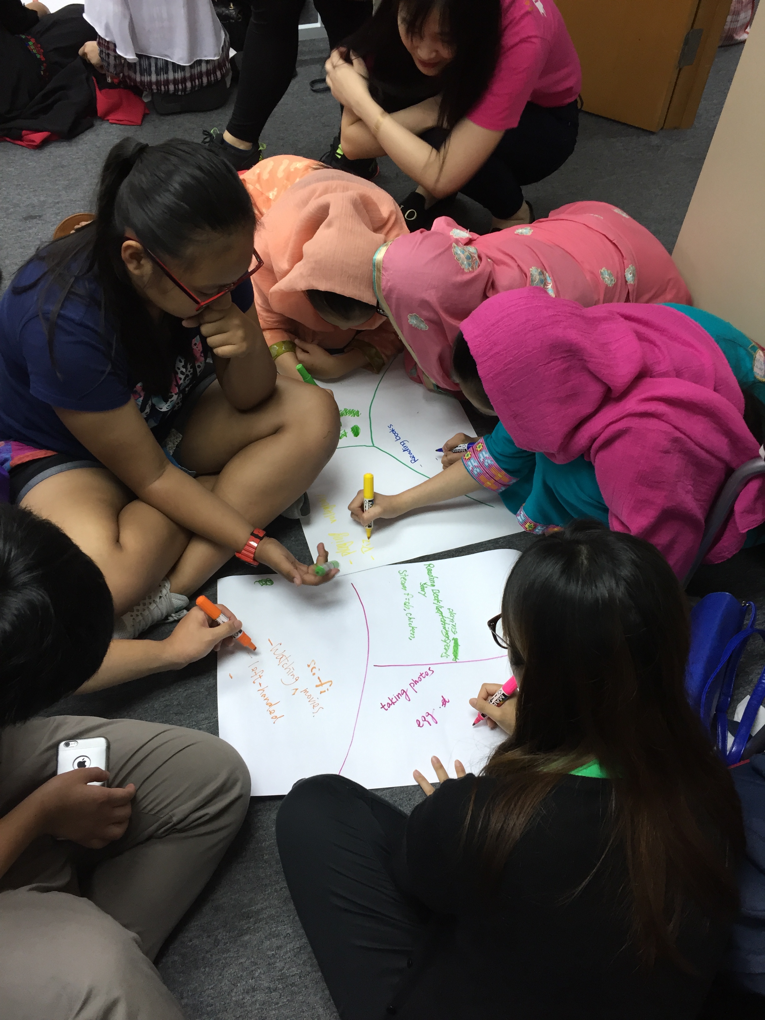 Volunteers and EM teenagers writing their ideas on a piece of paper together