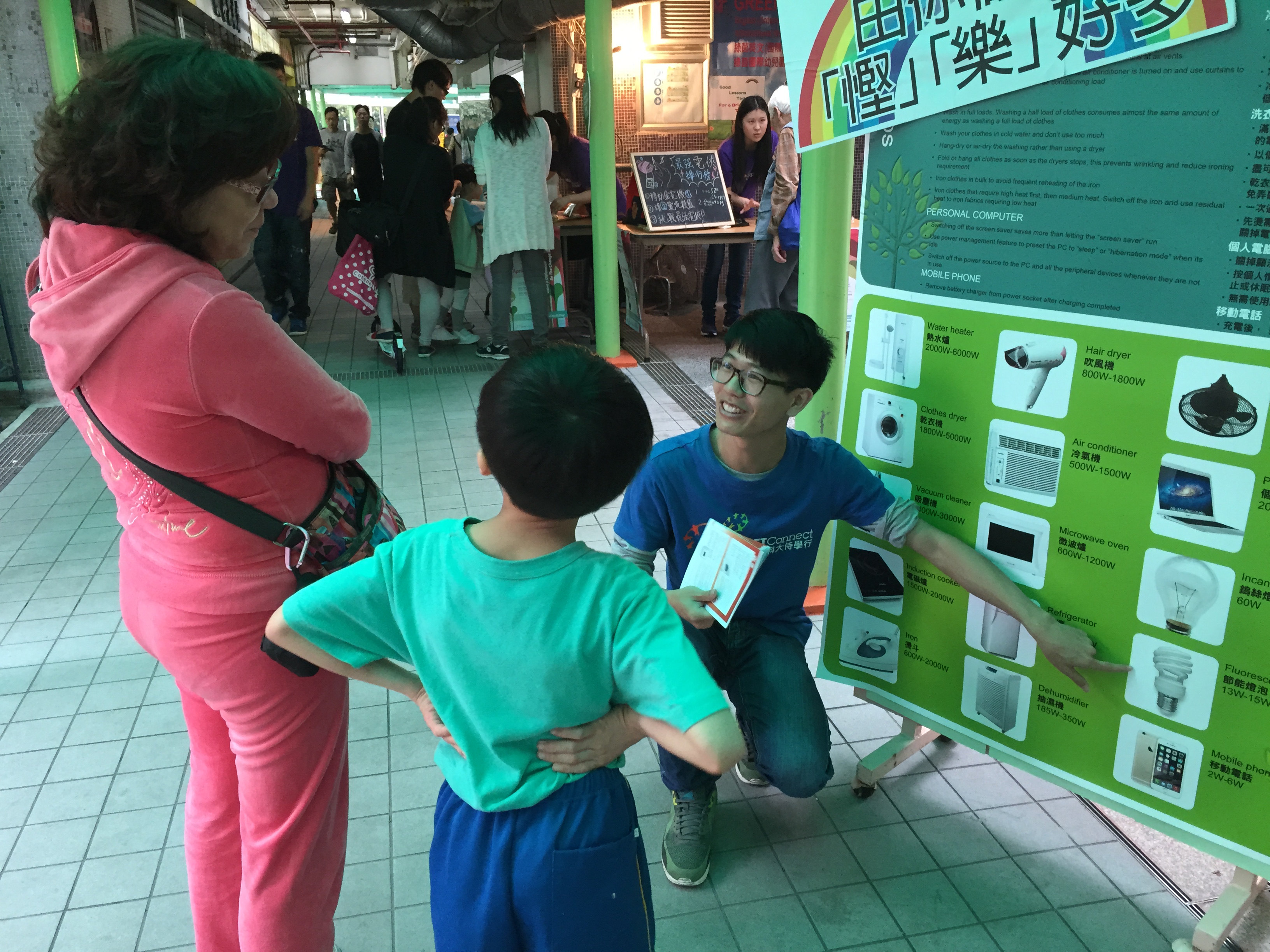 Volunteer introducing the energy saving strategy in Hang Hau housing estate to visitors