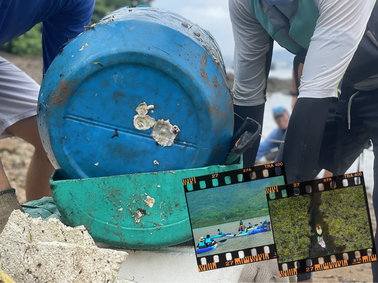 Volunteers collect the trash along the coastline and carried by kayak. 