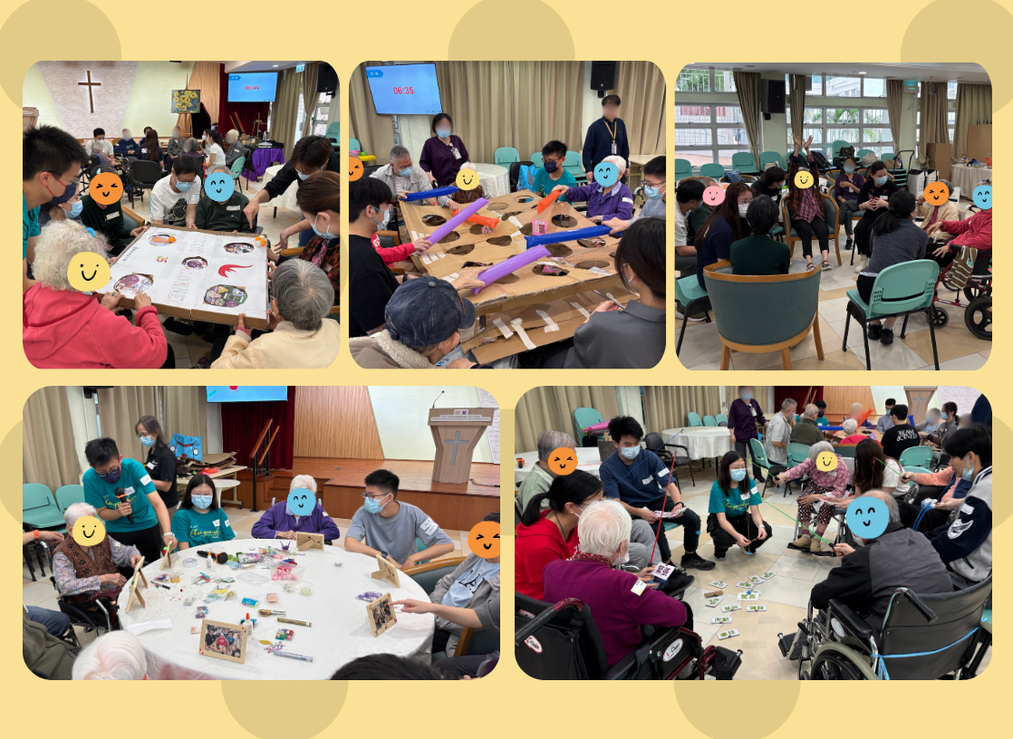 Volunteers playing games with elderly