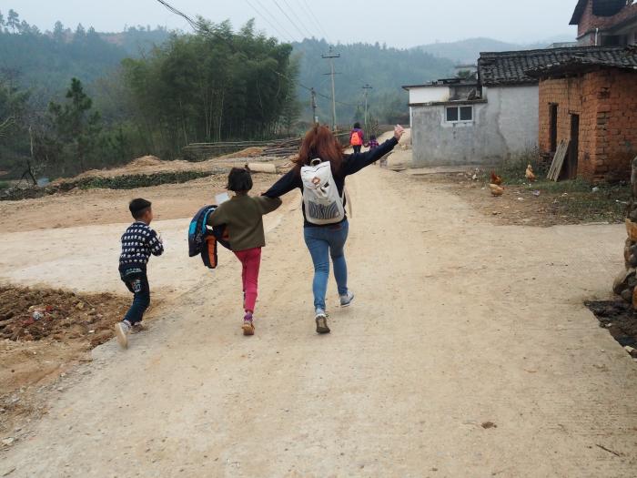 Walking back home with children during a family visit