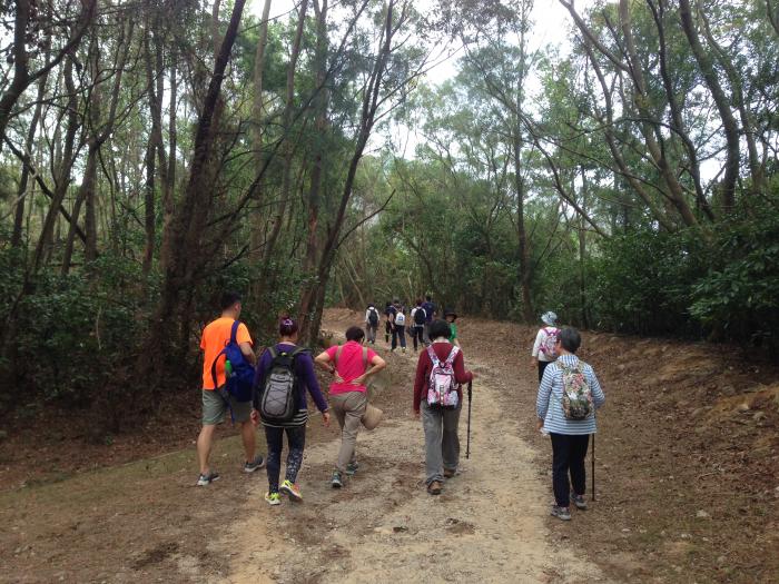 The elderly and volunteers hiking along the trail to enjoy the beautiful nature.