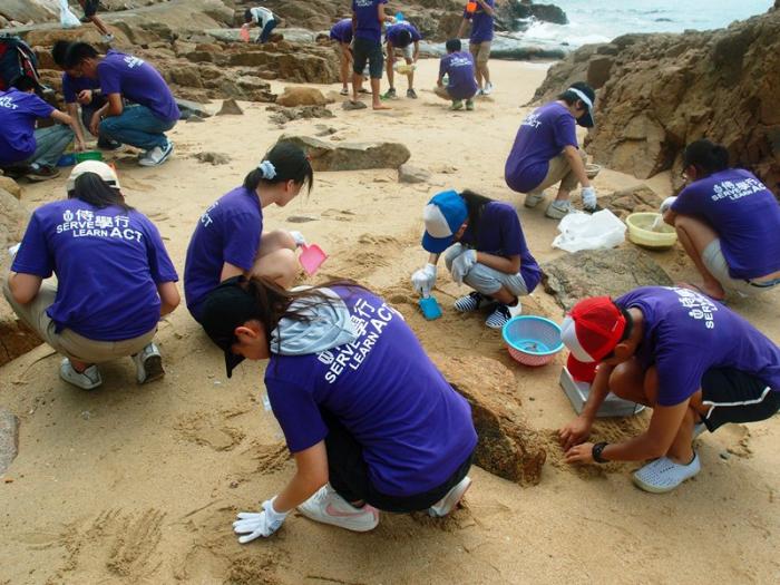 Volunteers picking up plastic pellets on the beach	