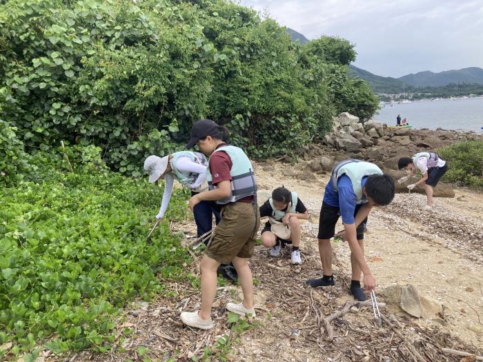 Volunteers pick up trashes along the coastline together