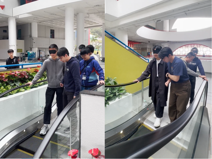 Blindfolded students taking the escalator with their partners