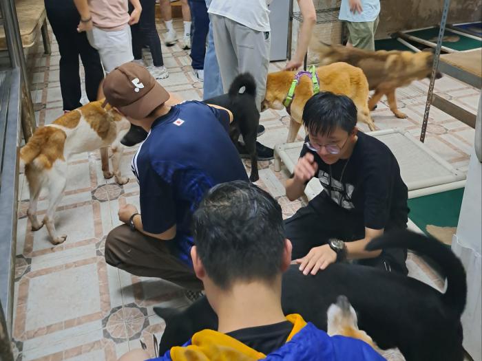 Students interacting and bonding with the dogs