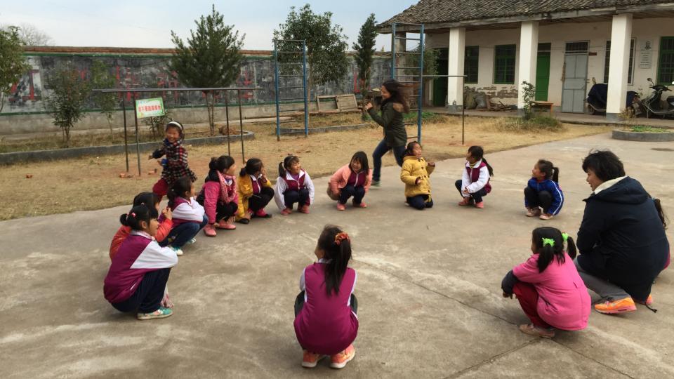 Children enjoying group activities outside classrooms