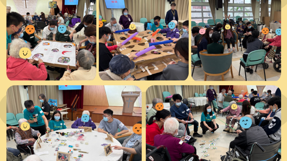 Volunteers playing games with elderly