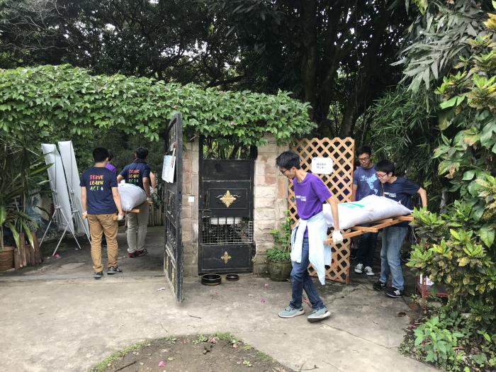 Volunteers helping with the labor work